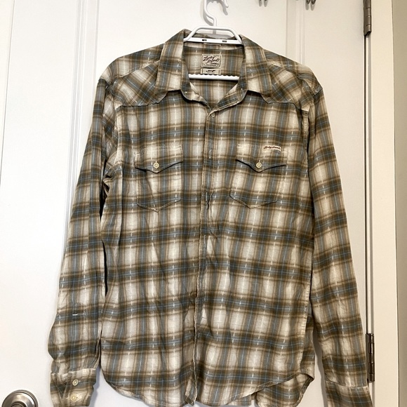 Lucky Brand Blue/Tan Plaid Women’s button down with vertical stitch detail - Picture 2 of 3